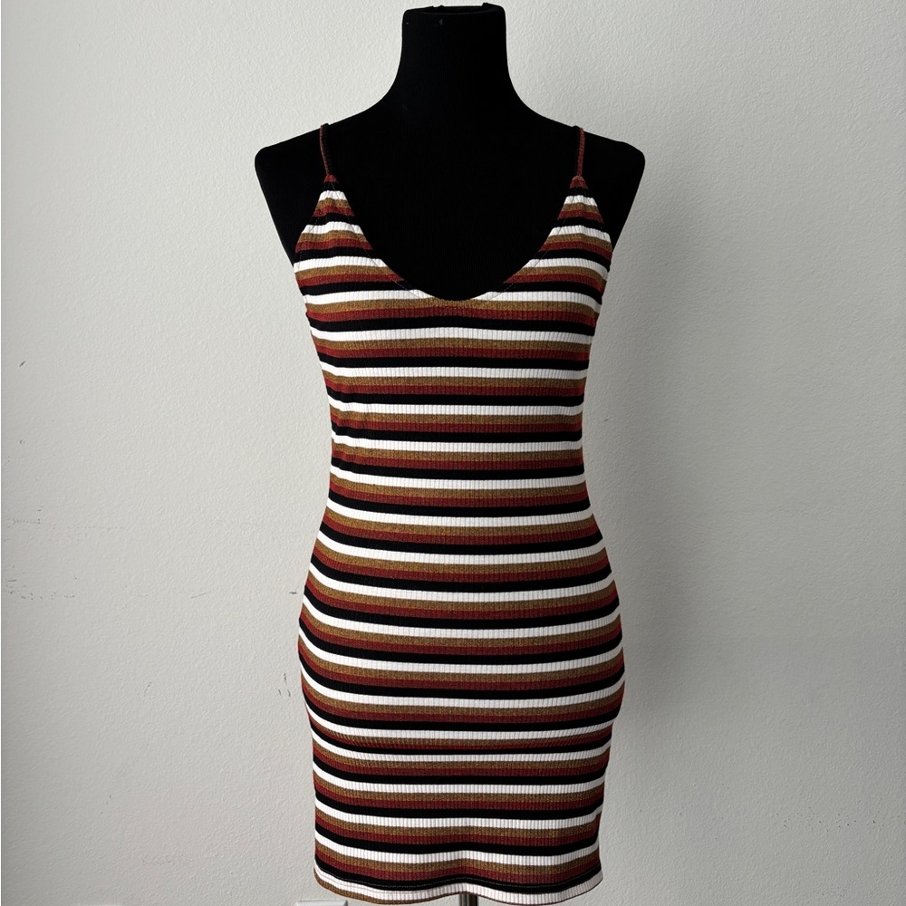 Striped Ribbed Spaghetti Strap Bodycon Dress in Brown/Black/Cream